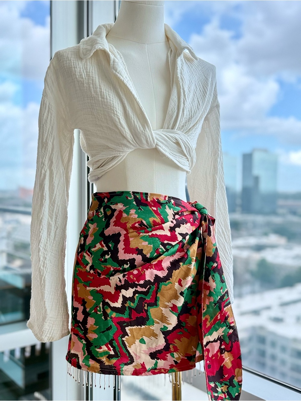 Micas Abstract Print Wrap Mini Skirt with Beaded Fringe Hem — Size M